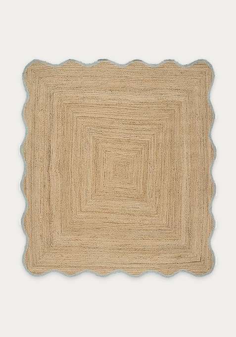Jute Wool Braided Natural Beige Rug | Coastal Geometric Scalloped Flat Woven Reversible Carpet For Living Room