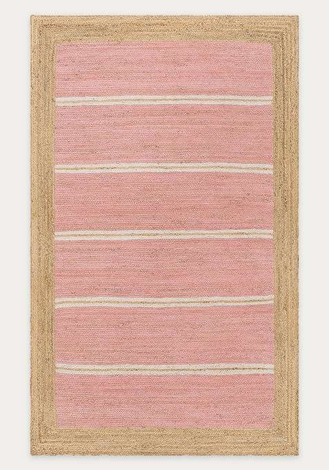 Jute Wool Braided Pink Rug | Coastal Abstract Flat Woven Reversible Carpet For Living Room