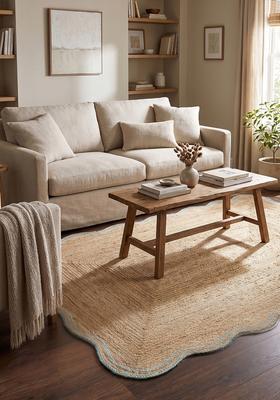 Saffron Rugs Flat Woven Natural Beige  Bohemian Scalloped Wool Area Rug
