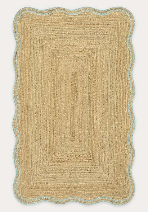 Jute Wool Braided Natural Beige Rug | Bohemian Braided Scalloped Flat Woven Reversible Carpet For Living Room