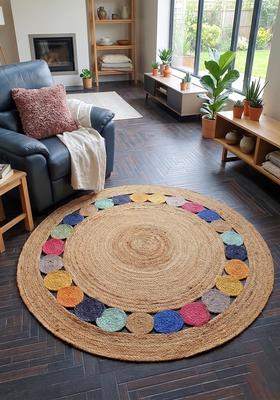 Saffron Rugs Flat Woven Natural Jute Beige  Bohemian Round Wool Area Rug