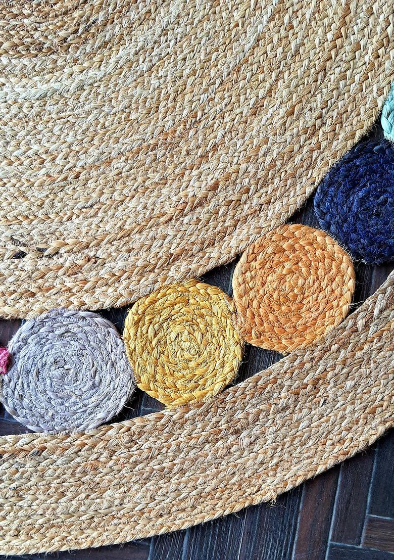 Saffron Rugs Flat Woven Natural Jute Beige  Bohemian Round Wool Area Rug - Indya