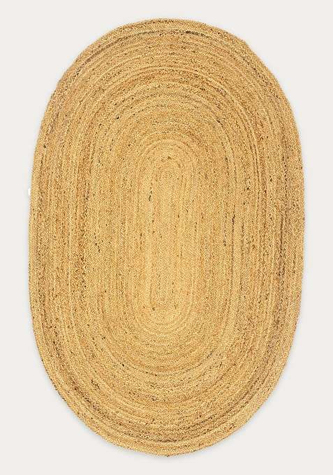 Jute Wool Braided Natural Beige Rug | Bohemian Solid Oval Flat Woven Reversible Carpet For Living Room