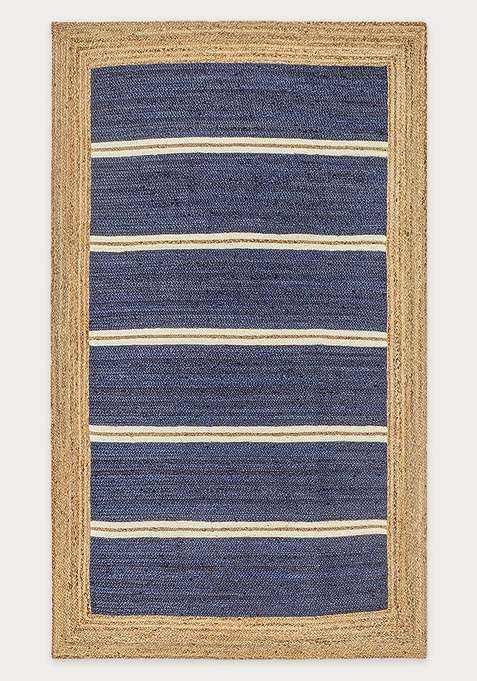 Jute Wool Braided Navy Blue Rug | Coastal Nautical Flat Woven Reversible Carpet For Living Room