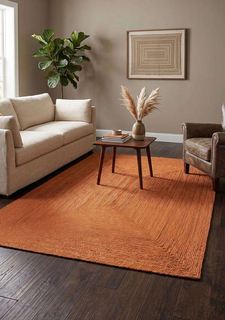 Jute Wool Braided Orange Rug | Bohemian Solid Flat Woven Reversible Carpet For Living Room - Indya