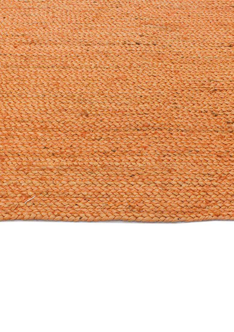 Jute Wool Braided Orange Rug | Bohemian Solid Flat Woven Reversible Carpet For Living Room - Indya