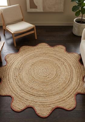 Saffron Rugs Flat Woven Natural Beige  Bohemian Scalloped Wool Area Rug