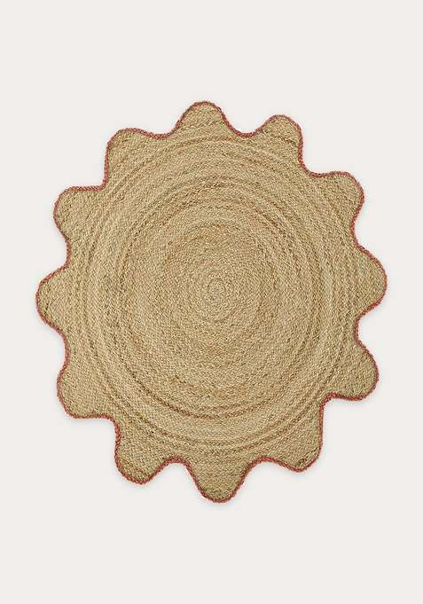 Jute Wool Braided Natural Beige Rug | Bohemian Braided Scalloped Flat Woven Reversible Carpet For Living Room