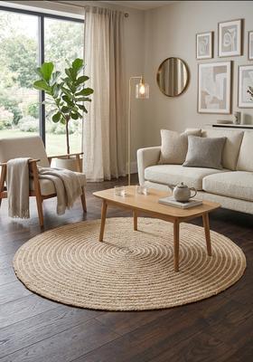Saffron Rugs Flat Woven Natural Beige  Bohemian Round Wool Area Rug