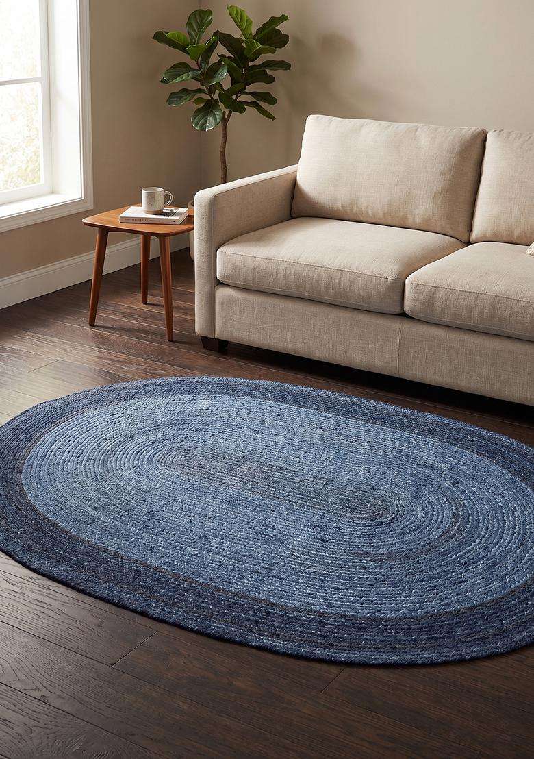 Jute Wool Braided Navy Blue Rug | Casual Braided Oval Flat Woven Reversible Carpet For Living Room - Indya