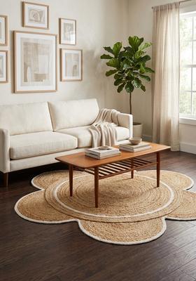 Saffron Rugs Flat Woven Natural Beige  Boho Flower Wool Area Rug