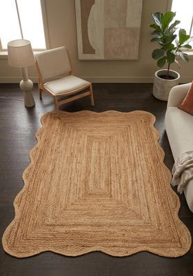 Saffron Rugs Flat Woven Natural Jute  Bohemian Scalloped Wool Area Rug