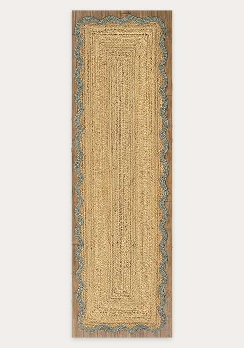 Jute Wool Braided Natural Beige Rug | Bohemian Braided Scalloped Flat Woven Reversible Carpet For Living Room