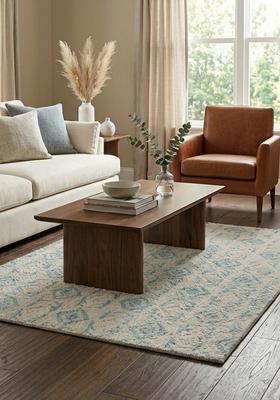 Saffron Rugs Hand Tufted Ivory and Teal  Moroccan Rectangular Wool Area Rug