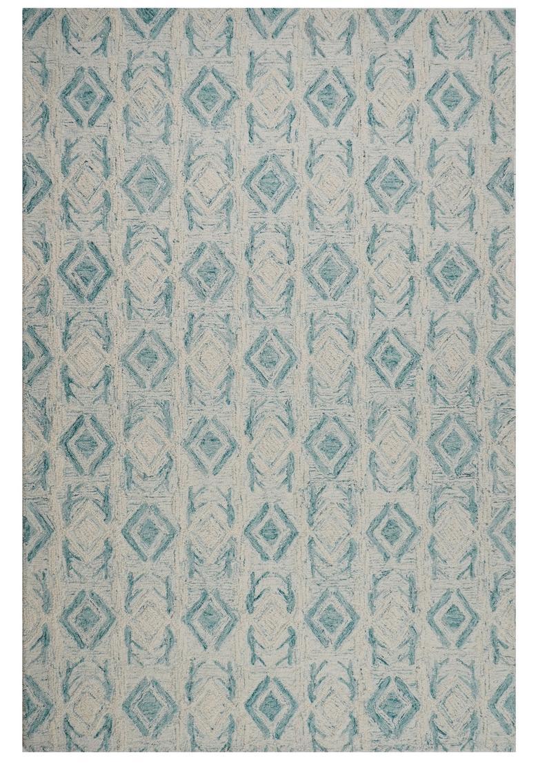 Saffron Rugs Hand Tufted Ivory and Teal  Moroccan Rectangular Wool Area Rug - Indya