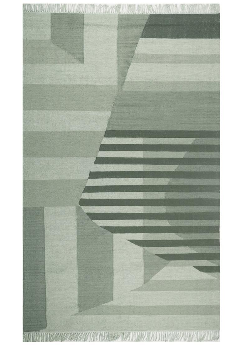 Saffron Rugs Flat Woven Sage Green  Bohemian Rectangular Wool Area Rug - Indya