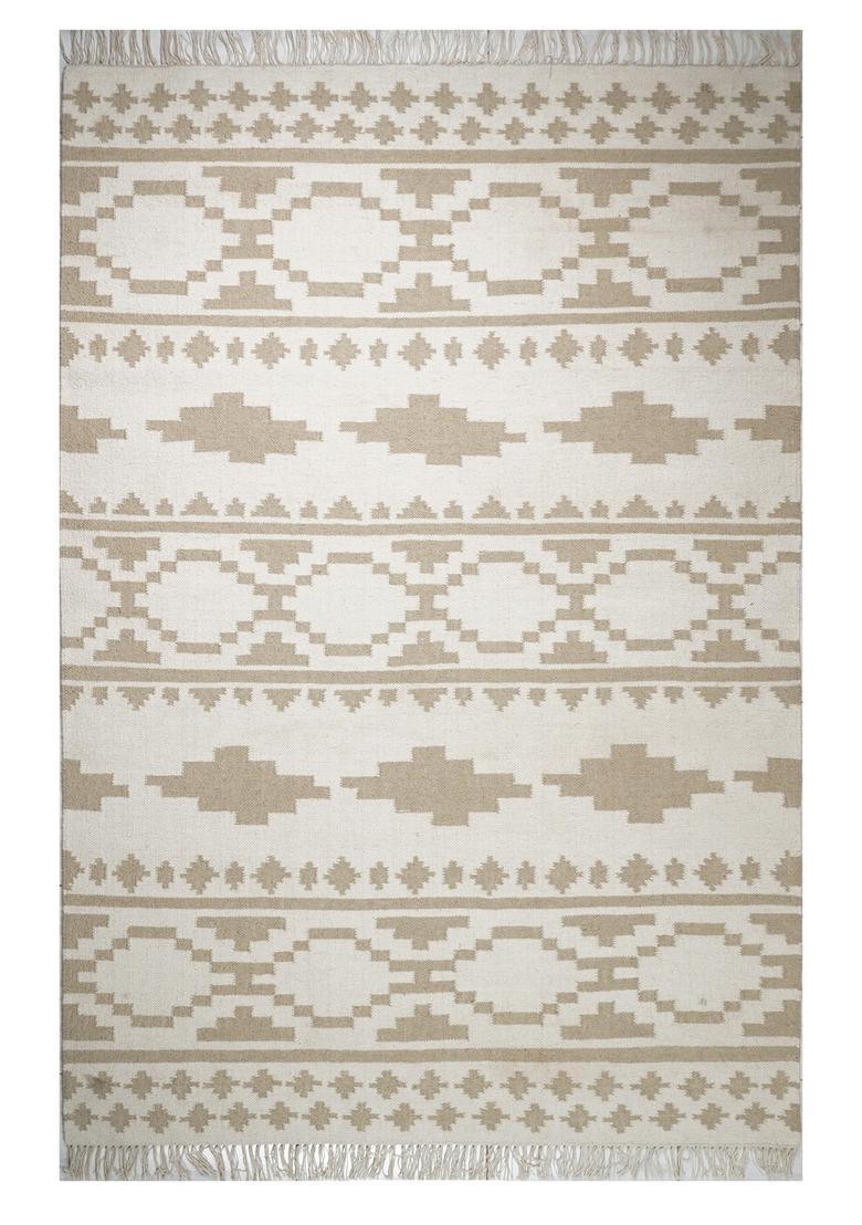 Saffron Rugs Flat Woven Beige  Bohemian Rectangular Wool Area Rug - Indya