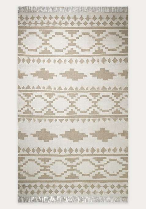 100% Wool Handmade Beige Rug | Bohemian Aztecs Flat Weave Reversible Carpet For Living Room