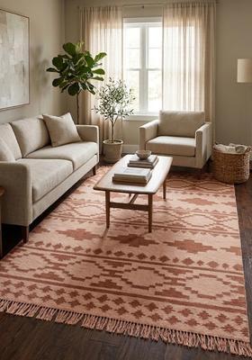 Saffron Rugs Flat Woven Terracotta Peach  Bohemian Rectangular Wool Area Rug