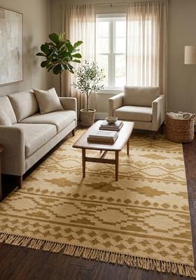 Saffron Rugs Flat Woven Mustard Yellow  Bohemian Rectangular Wool Area Rug