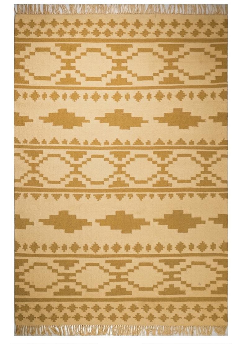 Saffron Rugs Flat Woven Mustard Yellow  Bohemian Rectangular Wool Area Rug - Indya