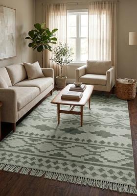 Saffron Rugs Flat Woven Sage Green  Bohemian Rectangular Wool Area Rug