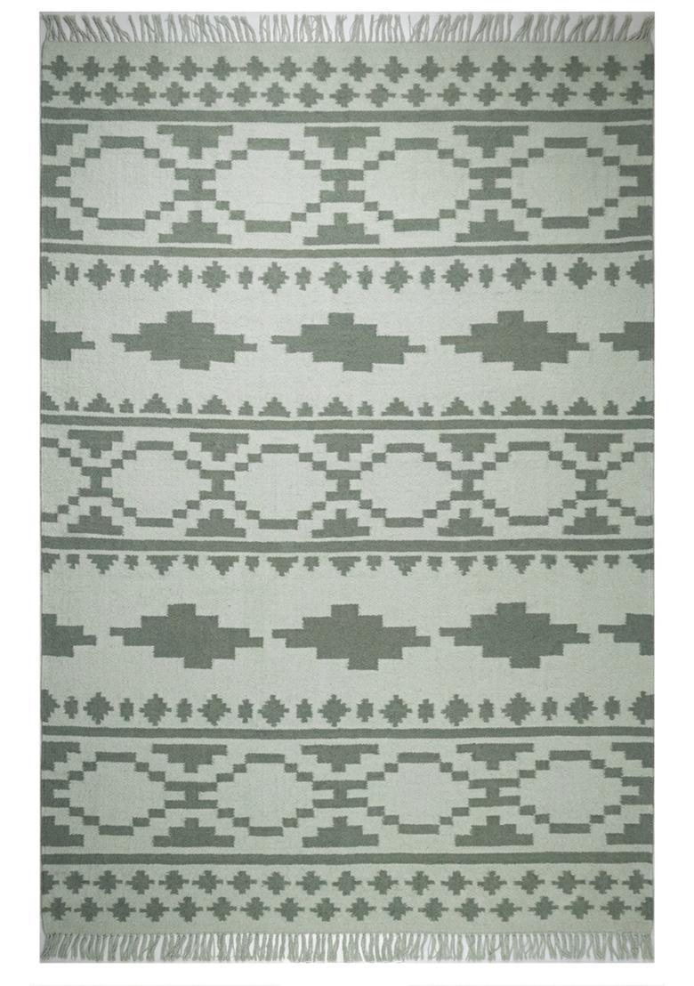 Saffron Rugs Flat Woven Sage Green  Bohemian Rectangular Wool Area Rug - Indya
