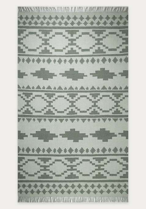 100% Wool Handmade Sage Green Rug | Bohemian Aztecs Flat Weave Reversible Carpet For Living Room