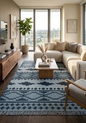 Saffron Rugs Flat Woven Blue  Bohemian Rectangular Wool Area Rug