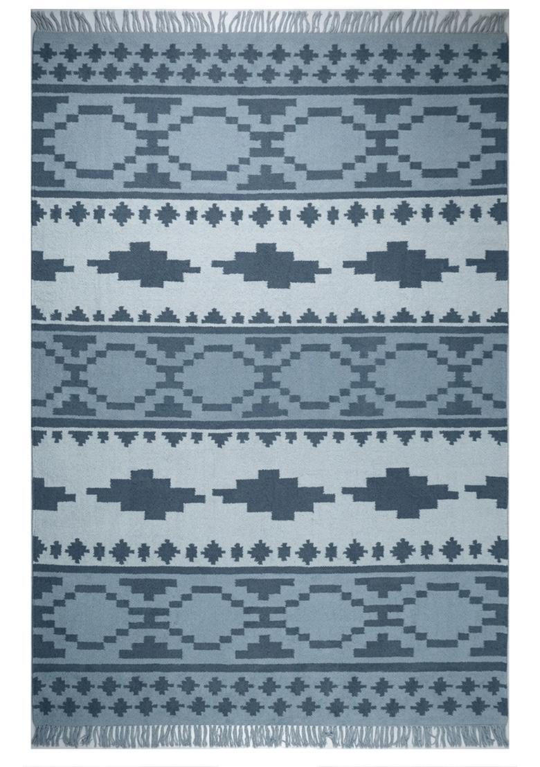 Saffron Rugs Flat Woven Blue  Bohemian Rectangular Wool Area Rug - Indya