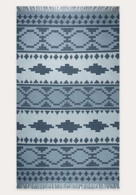 100% Wool Handmade Blue Rug | Bohemian Aztecs Flat Weave Reversible Carpet For Living Room