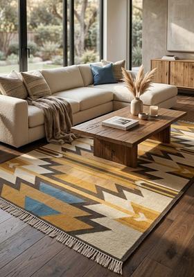 Saffron Rugs Flat Woven Mustard Yellow  Bohemian Rectangular Wool Area Rug