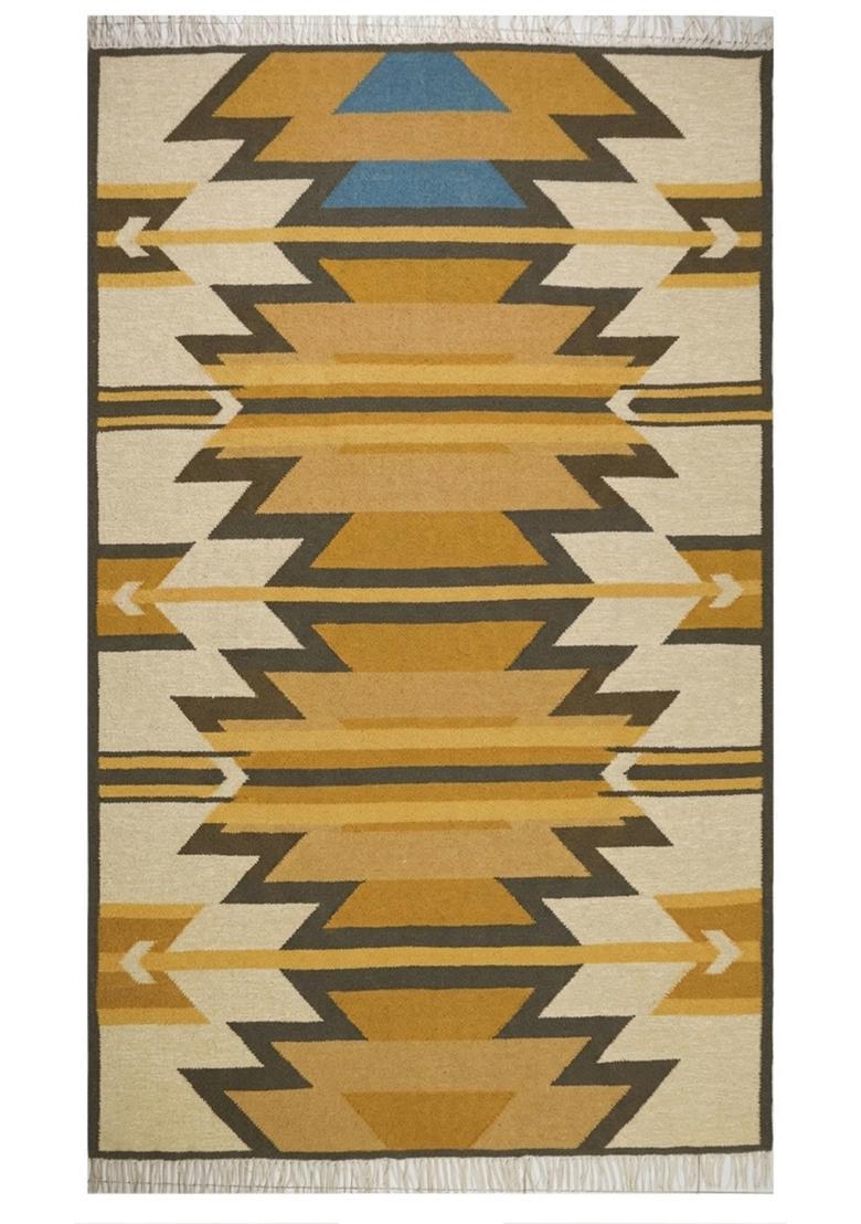 Saffron Rugs Flat Woven Mustard Yellow  Bohemian Rectangular Wool Area Rug - Indya