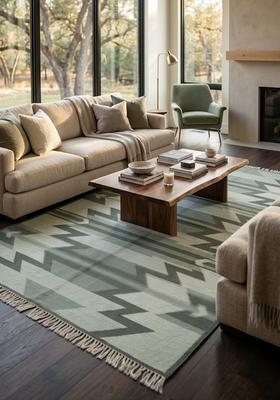 Saffron Rugs Flat Woven Sage Green  Bohemian Rectangular Wool Area Rug