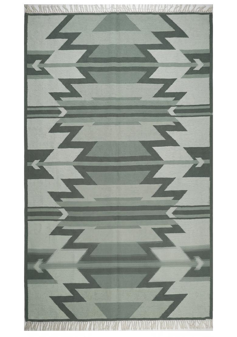Saffron Rugs Flat Woven Sage Green  Bohemian Rectangular Wool Area Rug - Indya