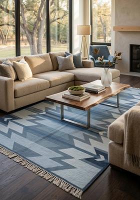 Saffron Rugs Flat Woven Blue  Bohemian Rectangular Wool Area Rug