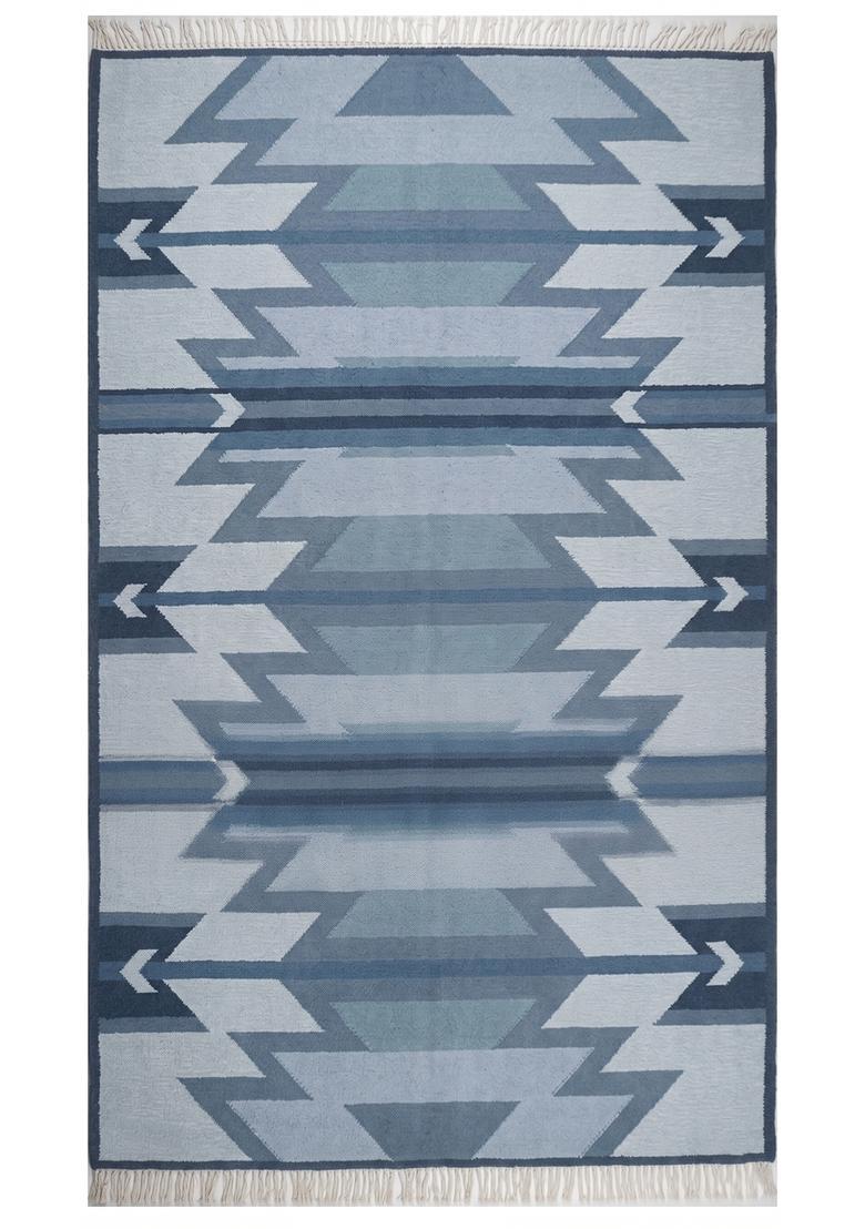 Saffron Rugs Flat Woven Blue  Bohemian Rectangular Wool Area Rug - Indya
