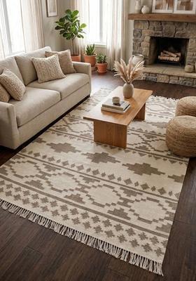Saffron Rugs Flat Woven Ivory and Grey  Bohemian Rectangular Wool Area Rug