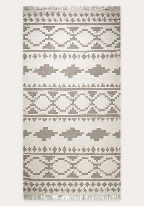 100% Wool Handmade Ivory And Grey Rug | Bohemian Aztecs Flat Weave Reversible Carpet For Living Room