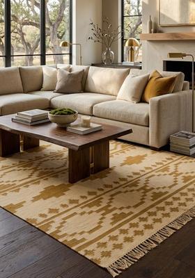Saffron Rugs Flat Woven Mustard Beige  Bohemian Rectangular Wool Area Rug