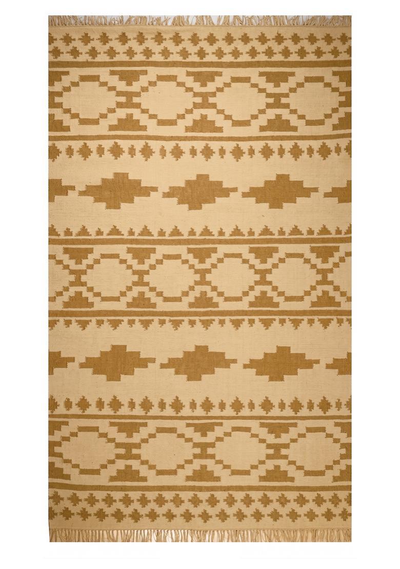 Saffron Rugs Flat Woven Mustard Beige  Bohemian Rectangular Wool Area Rug - Indya