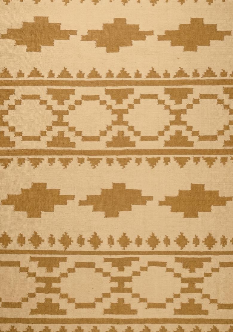 Saffron Rugs Flat Woven Mustard Beige  Bohemian Rectangular Wool Area Rug - Indya