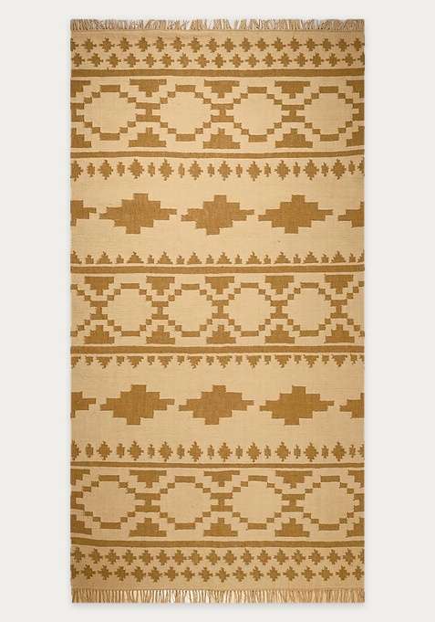 100% Wool Handmade Mustard Beige Rug | Bohemian Aztecs Flat Weave Reversible Carpet For Living Room
