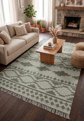 Saffron Rugs Flat Woven Sage Green  Bohemian Rectangular Wool Area Rug