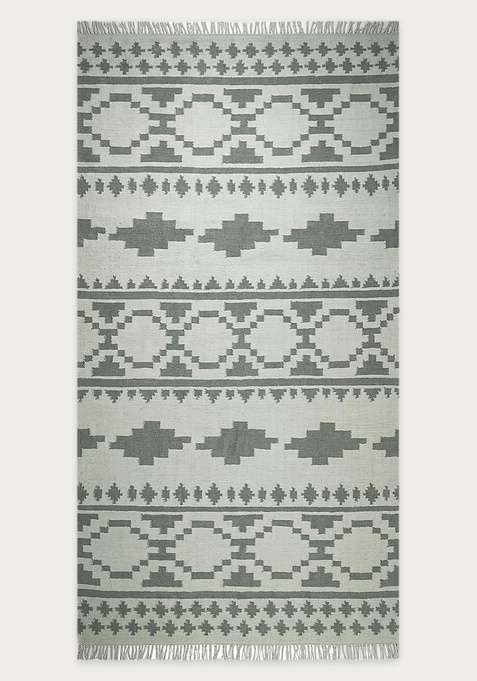 100% Wool Handmade Sage Green Rug | Bohemian Aztecs Flat Weave Reversible Carpet For Living Room