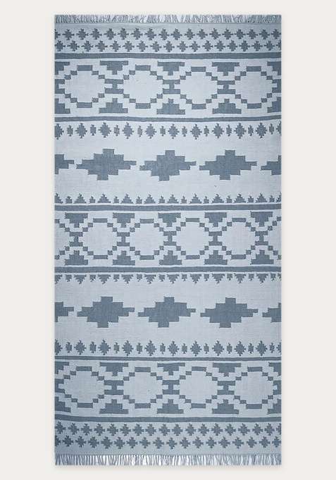100% Wool Handmade Grey Blue Rug | Bohemian Aztecs Flat Weave Reversible Carpet For Living Room