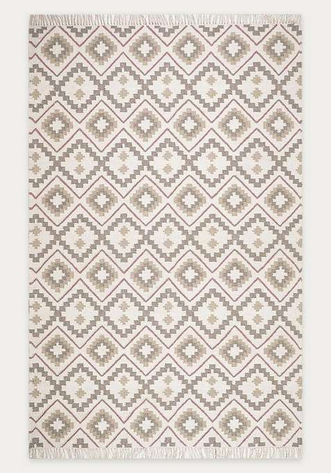 100% Wool Handmade Ivory Rug | Bohemian Aztecs Flat Weave Reversible Carpet For Living Room