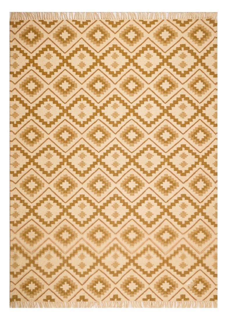 Saffron Rugs Flat Woven Mustard Beige  Bohemian Rectangular Wool Area Rug - Indya