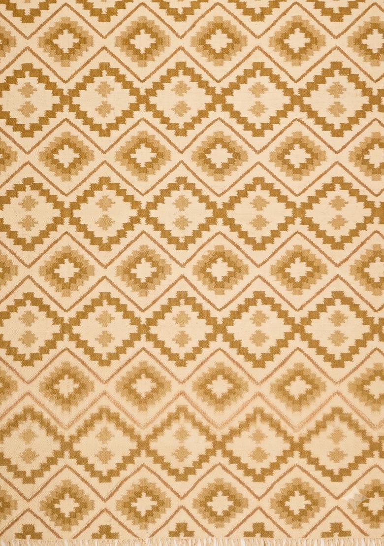 Saffron Rugs Flat Woven Mustard Beige  Bohemian Rectangular Wool Area Rug - Indya
