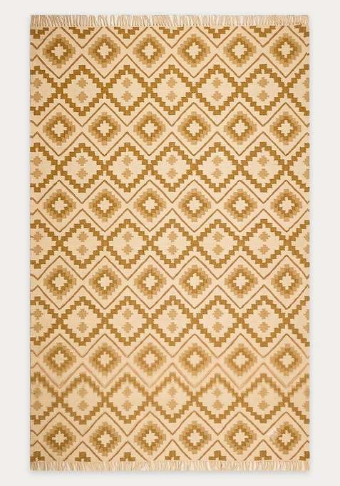 100% Wool Handmade Mustard Beige Rug | Bohemian Aztecs Flat Weave Reversible Carpet For Living Room